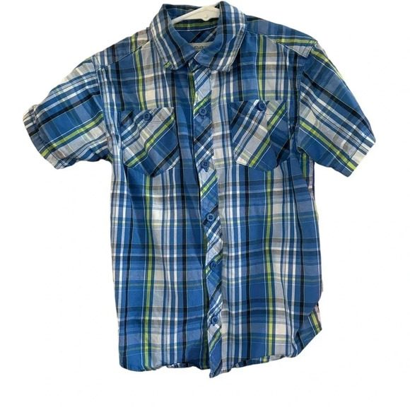Boys Kids Toughskins Blue Green Plaid Button Down Short Sleeve Shirt 5/6 - Picture 1 of 3